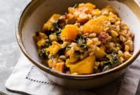Hearty Farro Bake with Butternut, Kale, and Crispy Pancetta