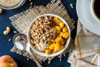 Wholesome Farro with Warm Caramel Peaches and Spiced Cashew Cream