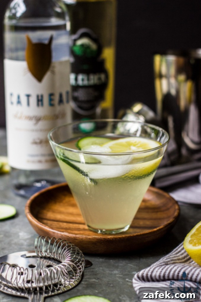 The Purring Blur 2 A chilled glass of The Tipsy Cat cocktail, garnished with cucumber and lemon slices, ready to be enjoyed.