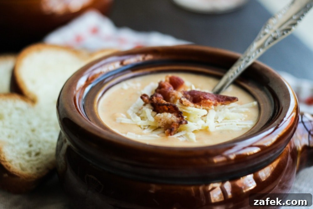 Hearty Ale and Cheddar Soup 3 A close-up of thick, melted cheddar cheese cascading into the rich ale soup base.