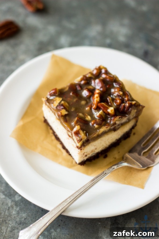 Top view of Pecan Praline Cheesecake Bars showcasing the textured topping