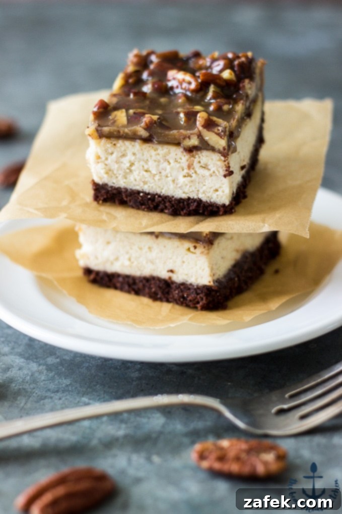Platter of freshly cut Pecan Praline Cheesecake Bars ready for serving