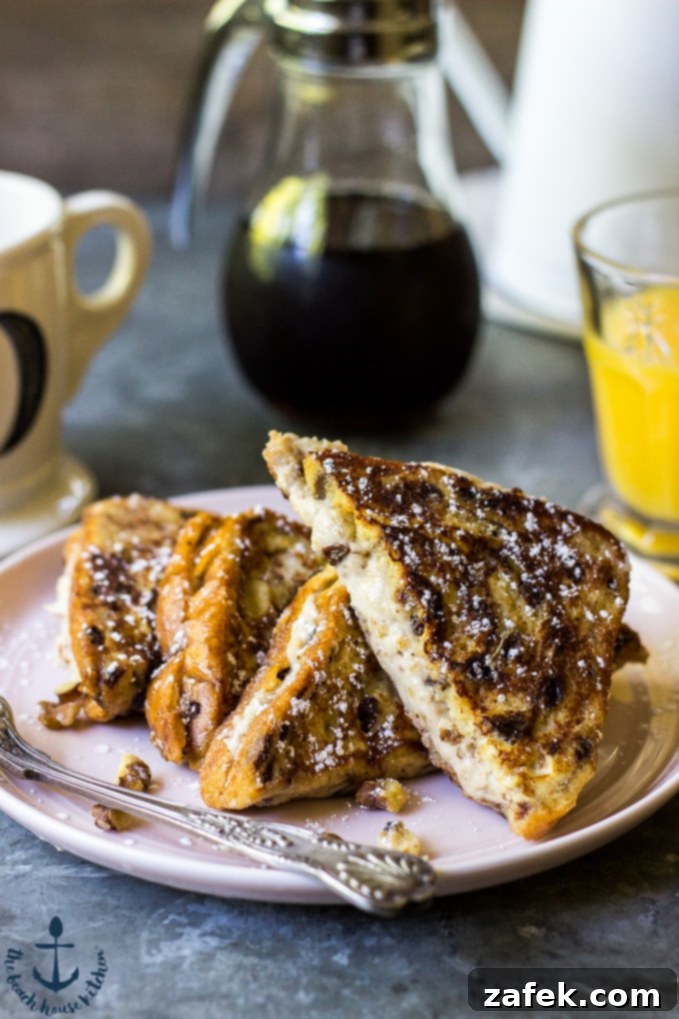 Delicious Walnut Cinnamon Cream Cheese Stuffed French Toast ready to be served