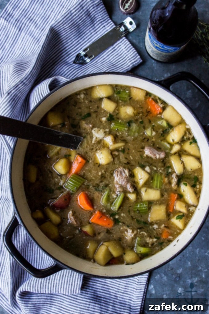 Ale-Braised Pork & Apple Stew with Hearty Vegetables 3 Close-up of the rich texture of Ale Braised Pork Stew.