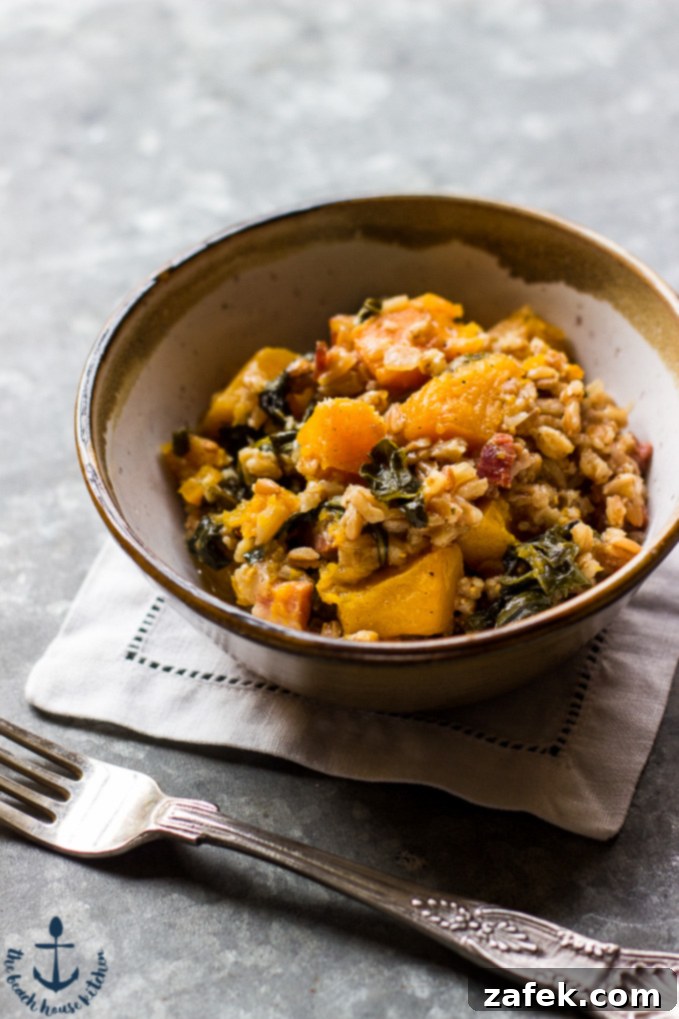 Baked Farro with Butternut Squash, Kale and Pancetta