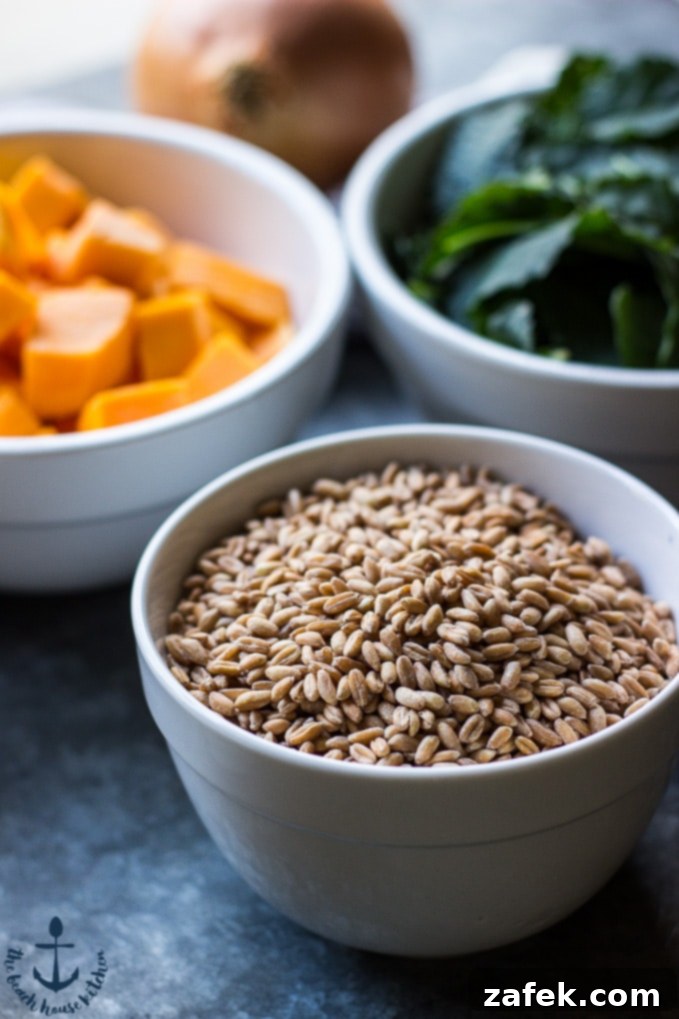 Baked Farro with Butternut Squash, Kale and Pancetta