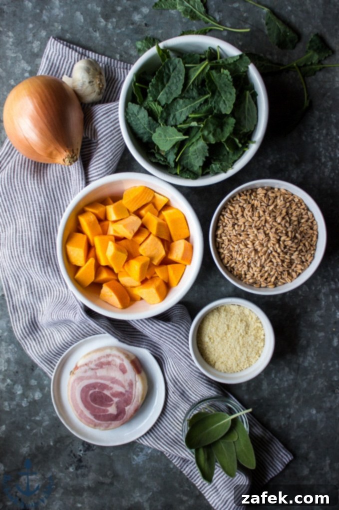 Baked Farro with Butternut Squash, Kale and Pancetta