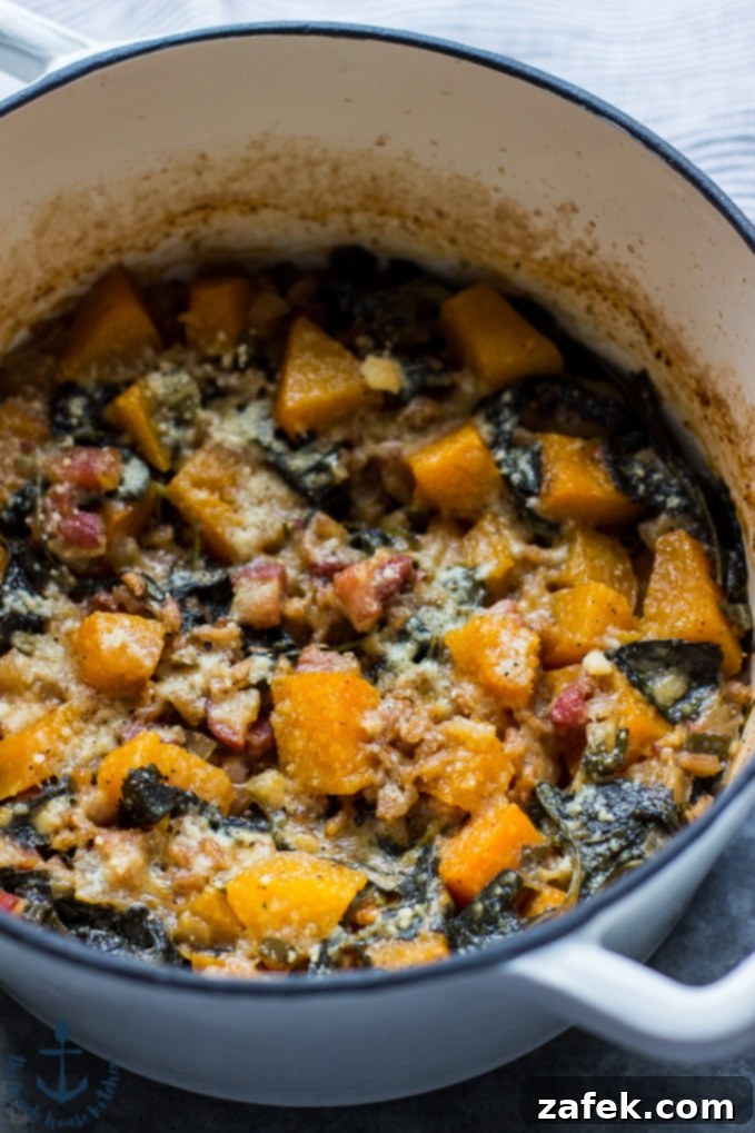 Baked Farro with Butternut Squash, Kale and Pancetta
