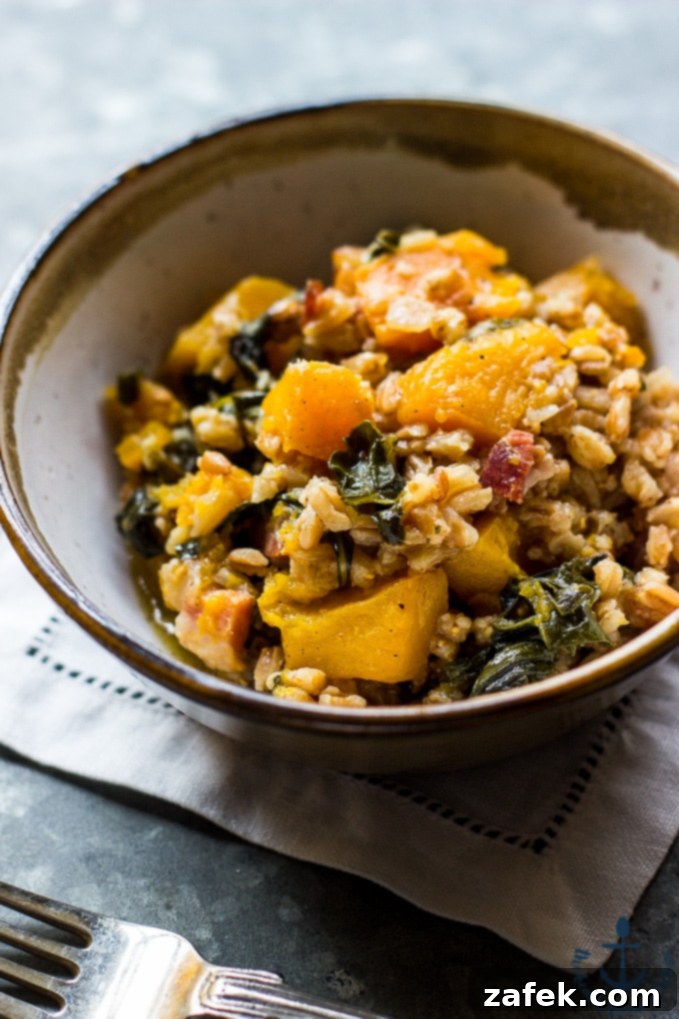 Baked Farro with Butternut Squash, Kale and Pancetta