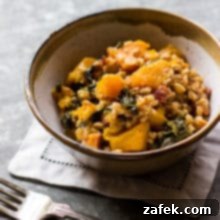Baked Farro with Butternut Squash, Kale and Pancetta