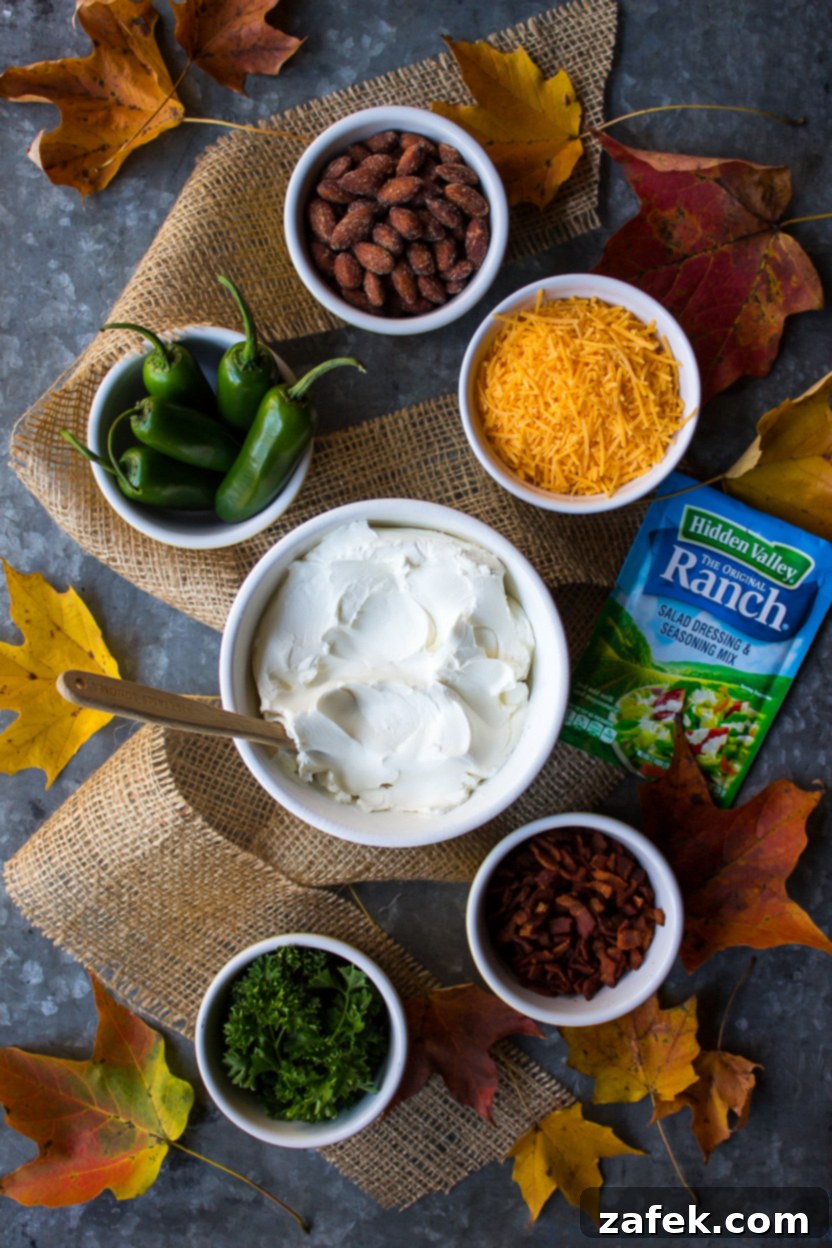 An inviting overhead photo showcasing all the fresh, high-quality ingredients needed to create the delicious Jalapeño Bacon Ranch Cheese Ball, neatly arranged on a rustic surface.