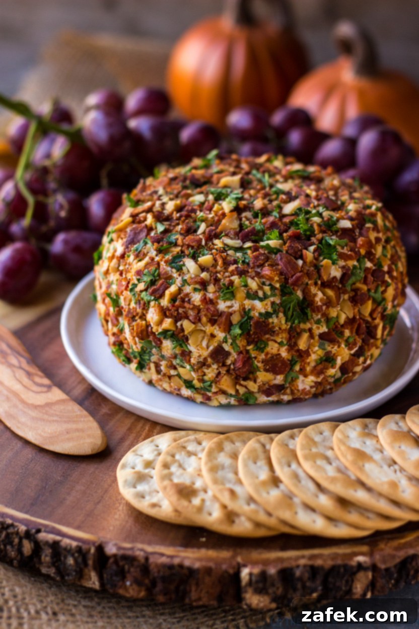 A smaller, focused shot of the Jalapeño Bacon Ranch Cheese Ball on a modest white plate, surrounded by a scattering of crackers, highlighting its readiness for a casual snack or small gathering.