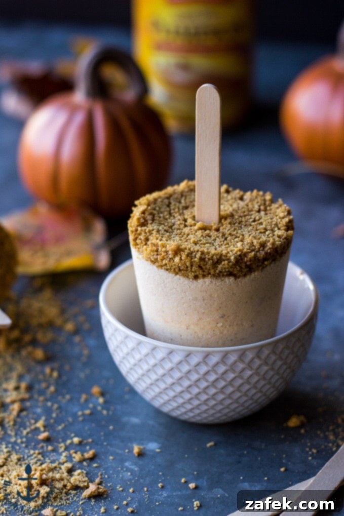 Close-up of a Pumpkin Cheesecake Popsicle, highlighting its creamy texture and graham cracker crust