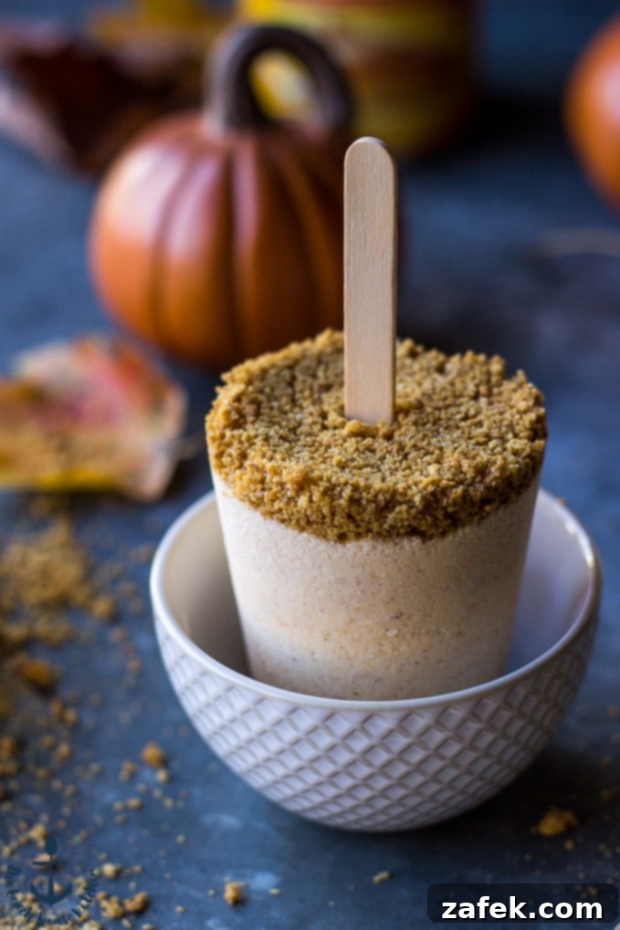 A hand holding a Pumpkin Cheesecake Popsicle, ready to be eaten