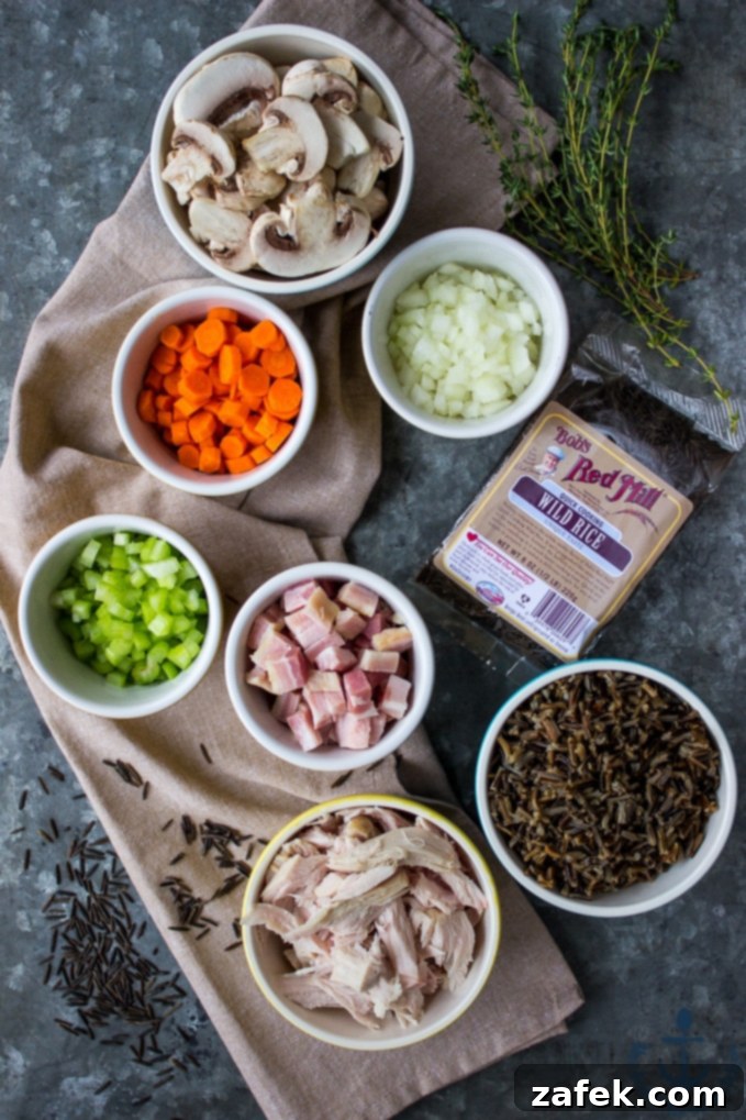 Close-up of Turkey Wild Rice Soup with ingredients visible