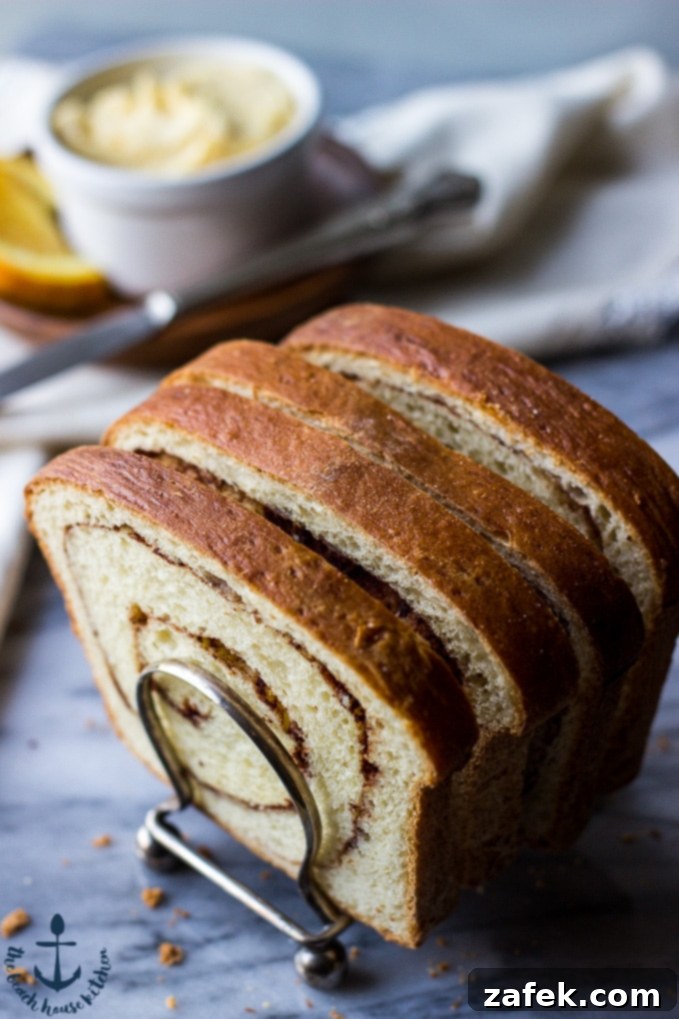 A slice of freshly baked Cinnamon Swirl Bread