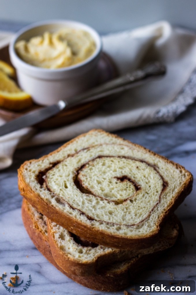 Close-up of Orange Maple Butter spread on Cinnamon Swirl Bread