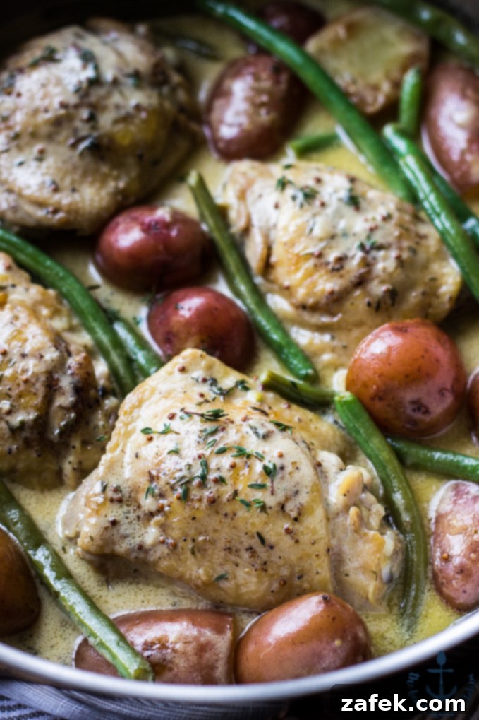 Close-up shot of Skillet Mustard Chicken revealing the rich, herb-infused creamy sauce and tender ingredients