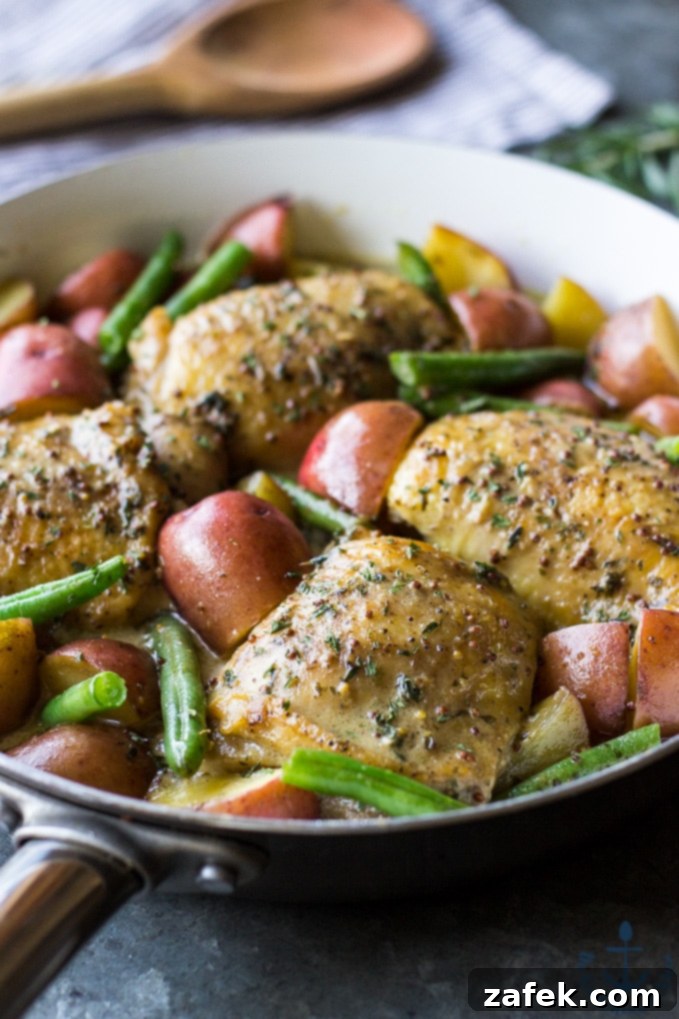 Large cast iron skillet filled with One Skillet Mustard Chicken, featuring golden chicken, tender potatoes, and vibrant green beans, ready for serving