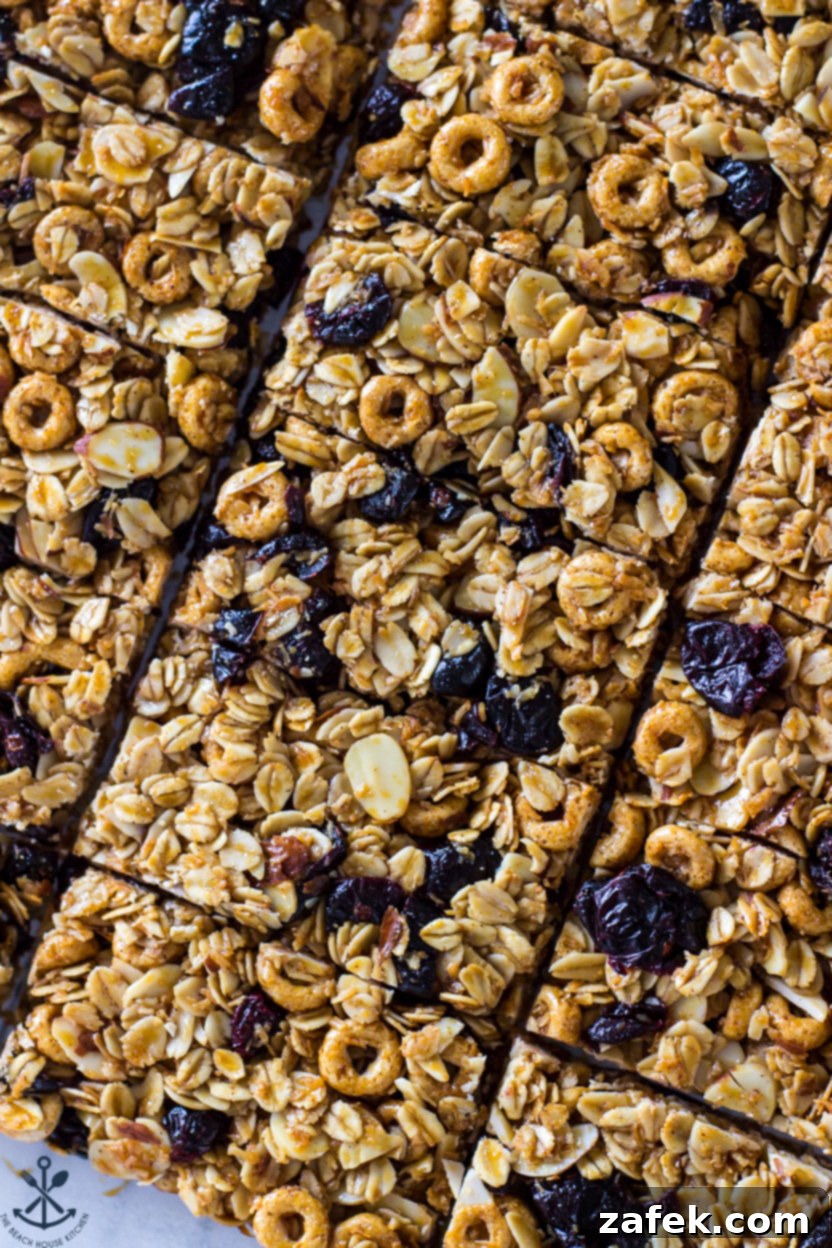 Up close overhead photo of granola bars with vibrant blueberries and white chocolate drizzle