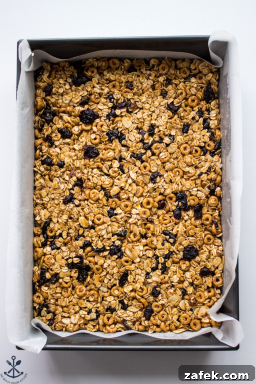 Overhead photo of a pan of freshly baked Chewy White Chocolate Dipped Blueberry Granola Bars before slicing