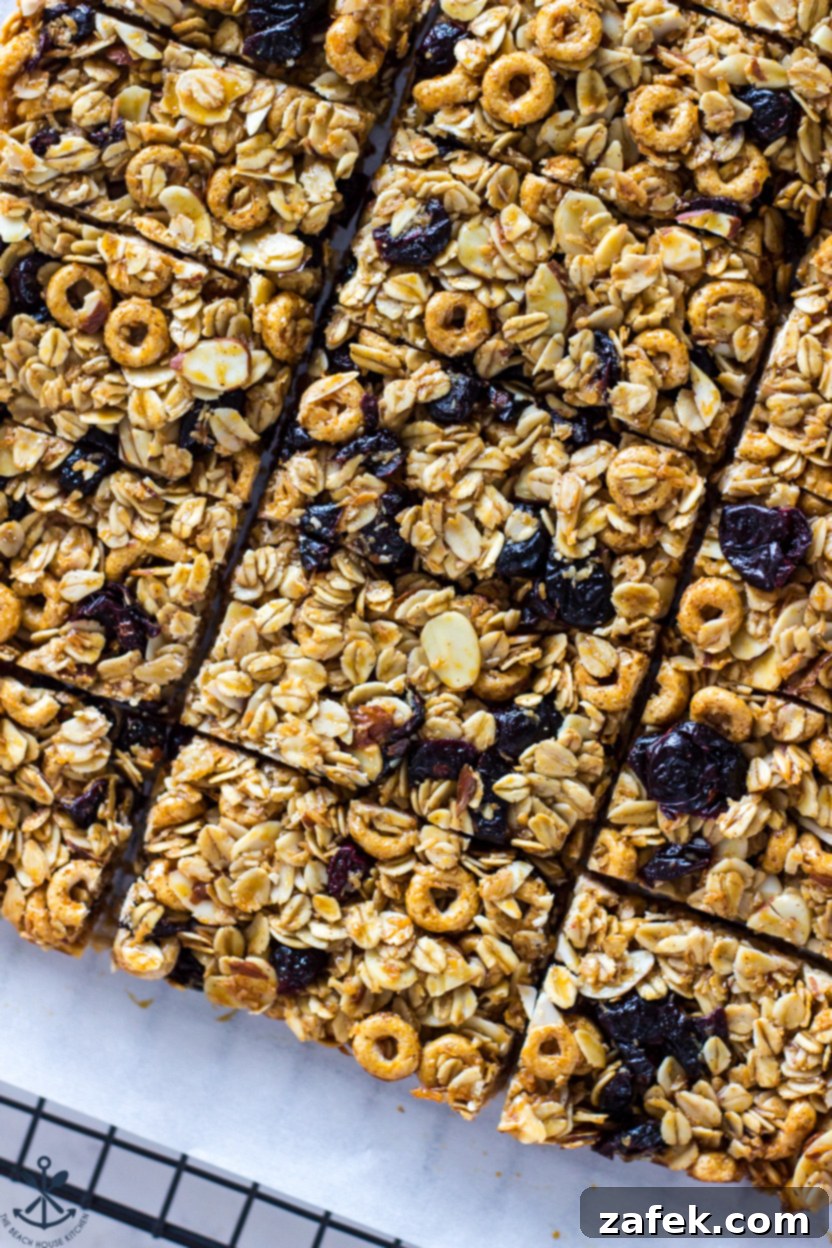 Overhead photo of sliced granola bars featuring visible almonds and dried blueberries