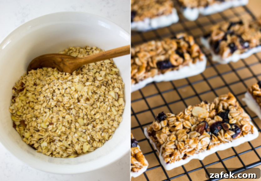 Diptych of a bowl of oats and a few granola bars on a cooling rack