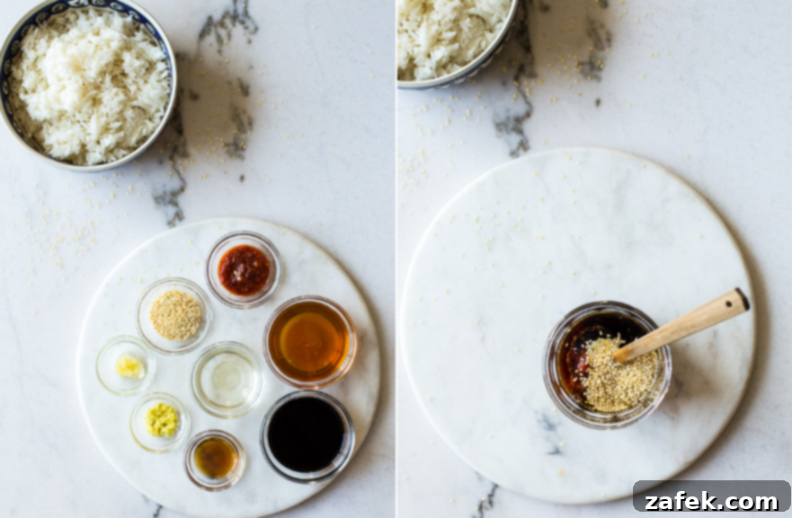 Effortless Sticky Sesame Chicken 3 A two-part image showing fresh spices for sesame chicken in bowls and a jar of homemade sesame sauce, highlighting the quality ingredients.