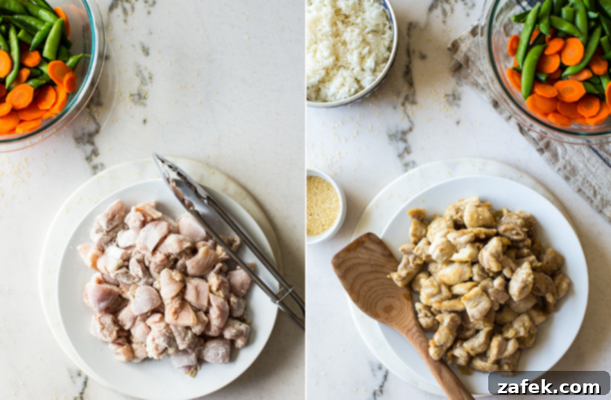 Effortless Sticky Sesame Chicken 8 A comparison image showing raw chicken pieces on a plate versus perfectly cooked, golden-brown chicken, ready for sauce.