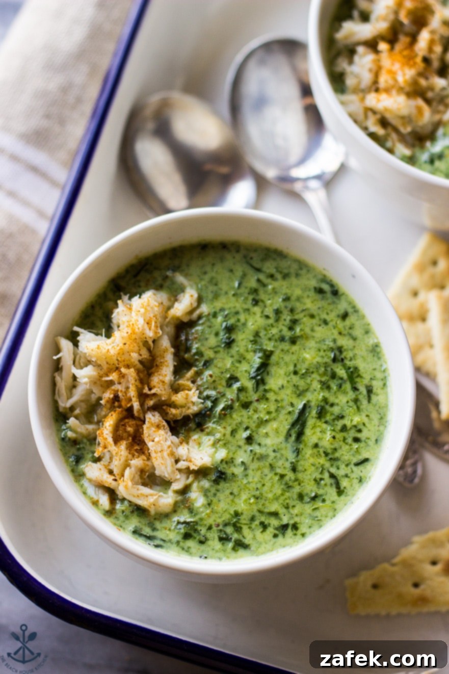 Velvety Crab and Spinach Bisque 5 Up close over head photo of a bowl of Creamy Spinach Soup with Crabmeat