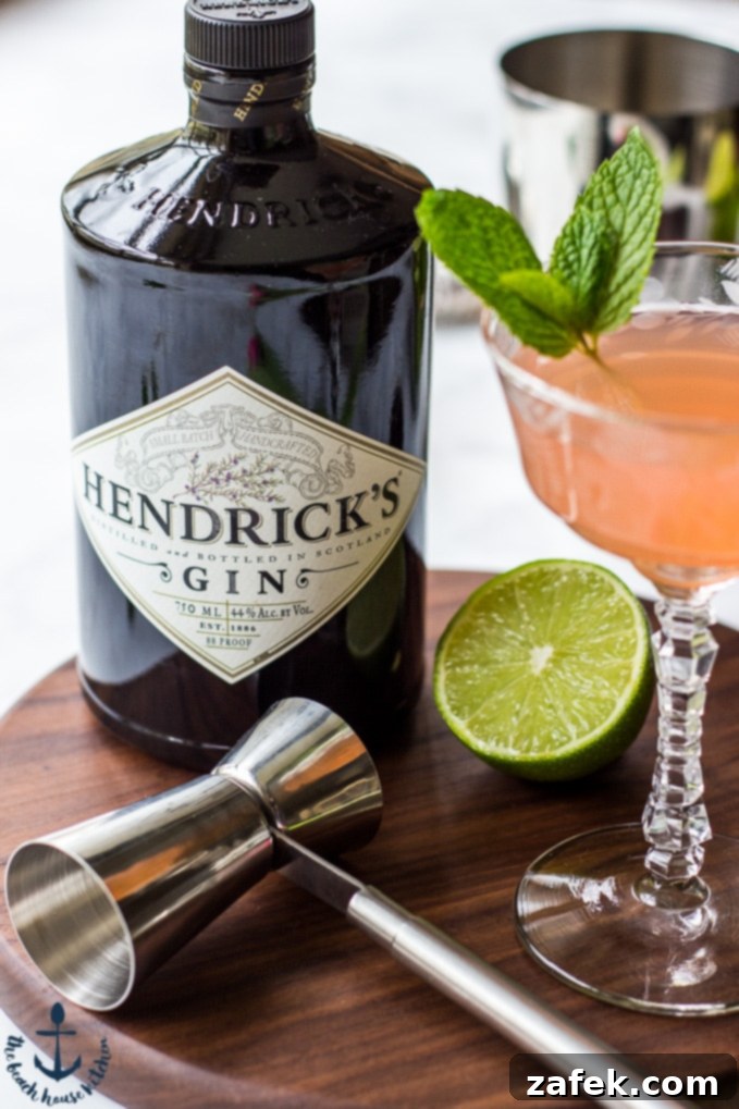 Scarlet Zest Gimlet 4 A selection of Ruby Red Gimlet ingredients including Hendrick's Gin, grapefruit, limes, and fresh mint