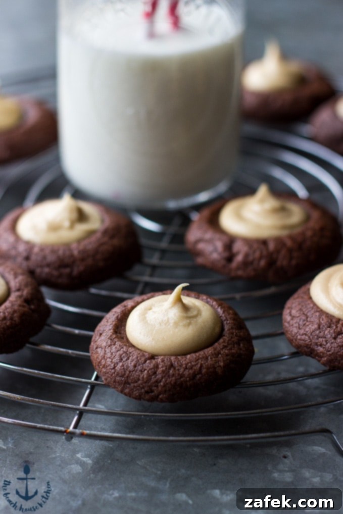 Artfully arranged Chocolate Peanut Butter Thumbprint Cookies on a rustic wooden surface, highlighting their homemade charm.
