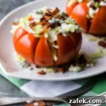 Savory Stuffed Tomatoes 4 A perfectly assembled Stuffed Tomato with blue cheese and bacon, ready for serving.