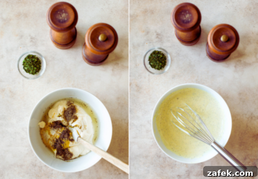 Easy Macaroni Salad From Gram 7 Diptych of dressing for macaroni salad in a bowl, showing its creamy texture, alongside a separate image of hard-boiled eggs.