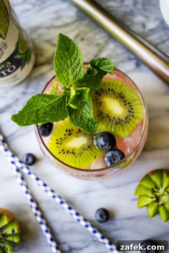 Zesty Berry Kiwi Mojito 3 Close-up of a Blueberry Kiwi Mojito, showcasing the fresh fruit and mint.