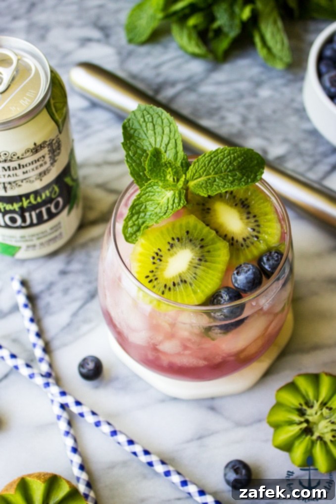 Zesty Berry Kiwi Mojito 6 Finished Blueberry Kiwi Mojito cocktail with garnish on a rustic background.