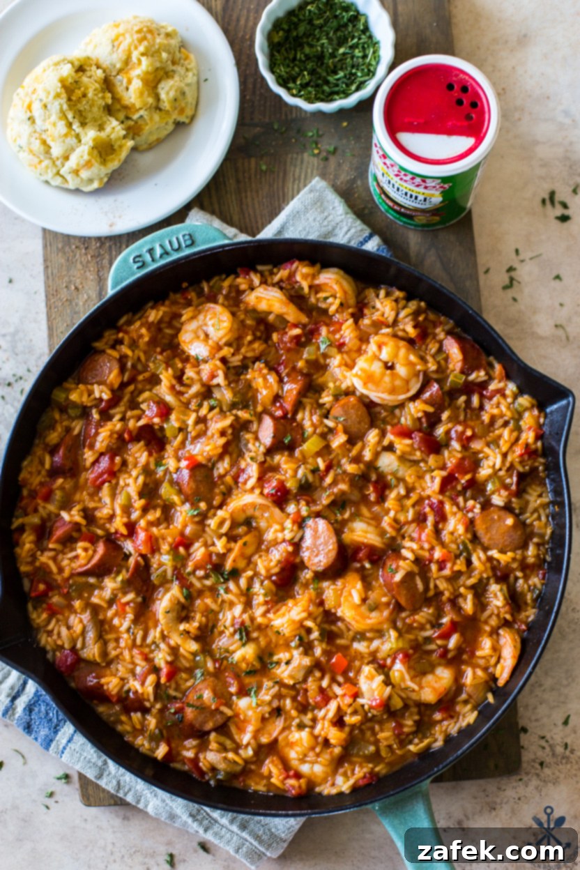 Bayou Jambalaya 2 Overhead photo of a skillet of jambalaya