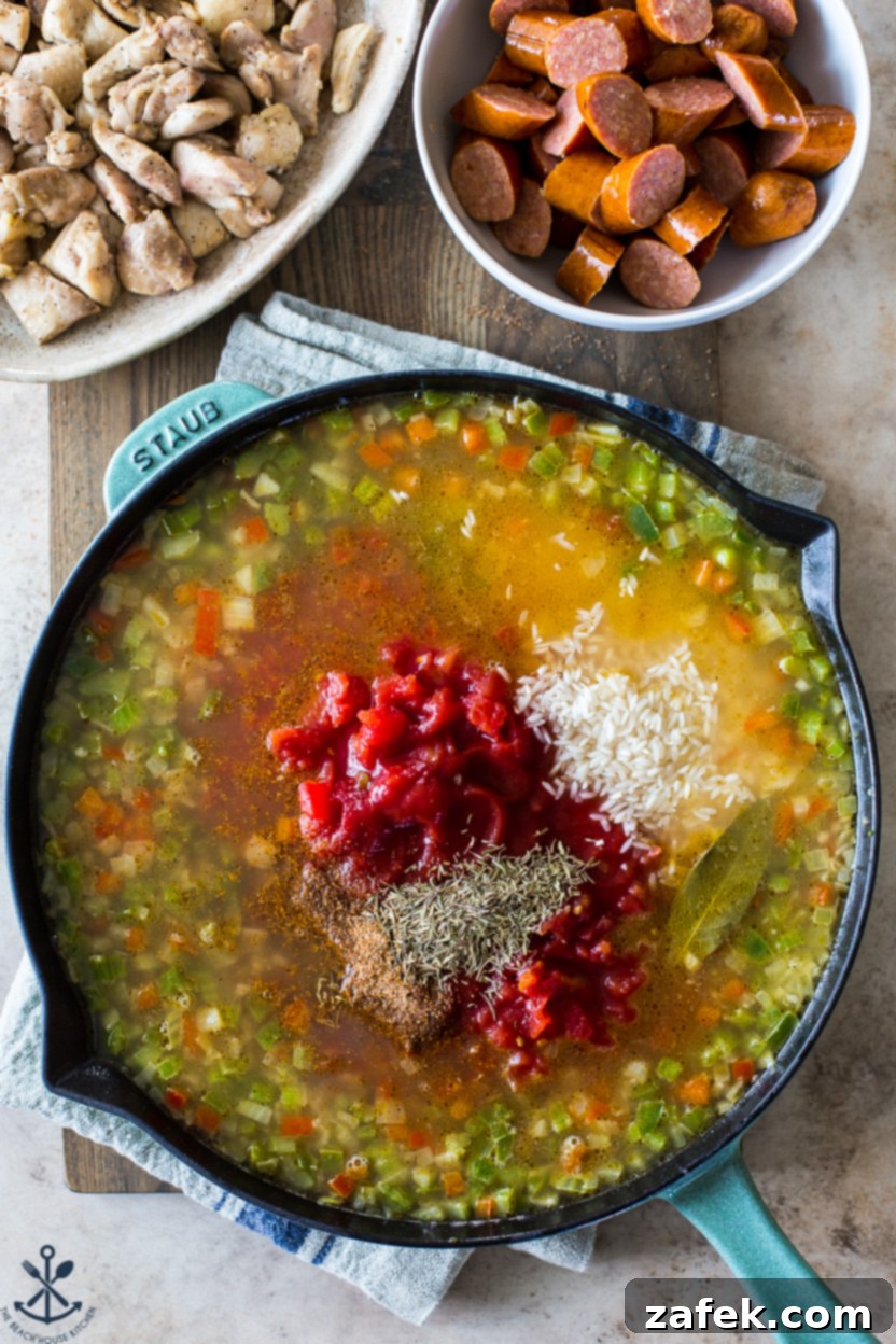 Bayou Jambalaya 8 Overhead photo of a skillet of veggies, spices and broth