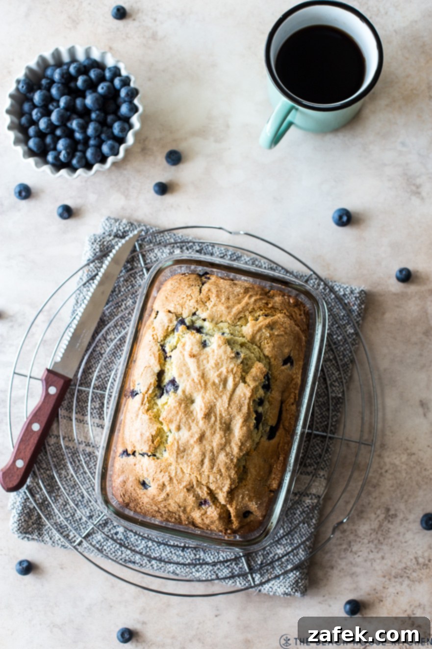 Blueberry Lemon Loaf 2 Overhead photo of blueberry lemon loaf on a round wire rack with a bowl of blueberries and a cup of coffee
