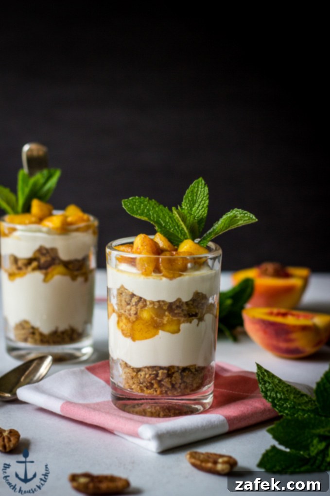 Sweet Peach and Crunchy Praline Cheesecake Parfaits 2 Peach Praline No-Bake Cheesecake Parfaits