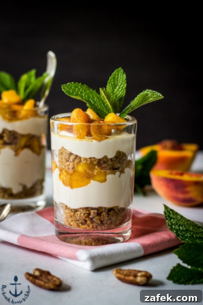 Sweet Peach and Crunchy Praline Cheesecake Parfaits 3 Peach Praline No-Bake Cheesecake Parfaits