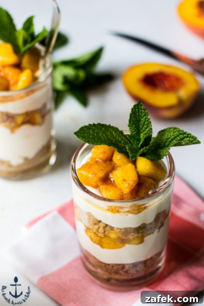 Sweet Peach and Crunchy Praline Cheesecake Parfaits 6 Peach Praline No-Bake Cheesecake Parfaits
