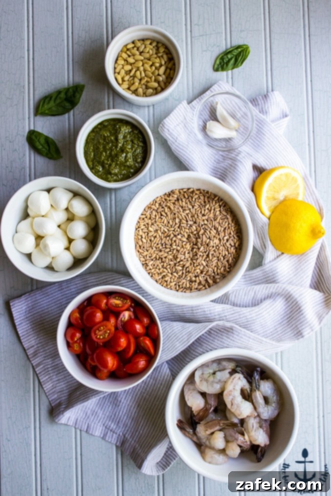 Close-up of Farro Caprese Salad with succulent shrimp and fresh ingredients.