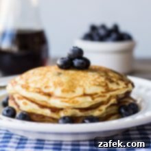 Fluffy Buttermilk Blueberry Stacks 6 A stack of golden buttermilk blueberry pancakes, generously topped with fresh blueberries, a dollop of butter, and drizzled with maple syrup, ready to be served.