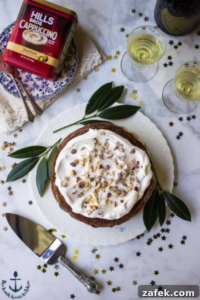 Double-Chocolate-Hazelnut-Crepe-Cake Overhead shot of a decadent Chocolate Hazelnut Crepe Cake on a pristine platter, flanked by two sparkling champagne glasses and a classic coffee container on a decorative plate, set for a luxurious gathering.