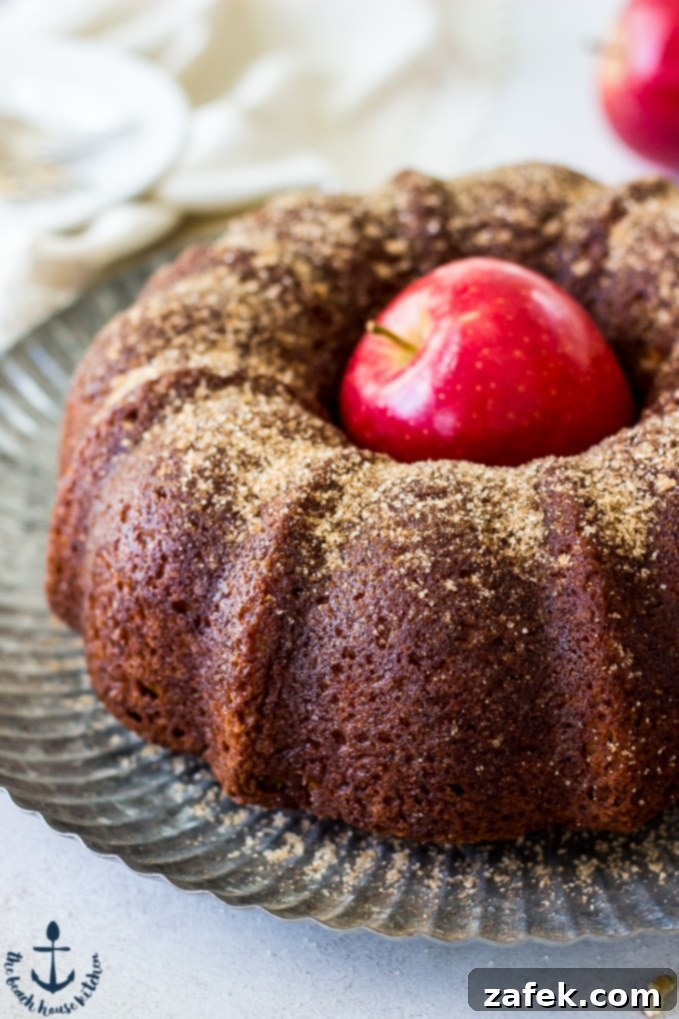 Up close photo of Apple Cider Doughnut Bundt Cake with Pecan Brown Sugar Ripple with red apple in middle of cake.