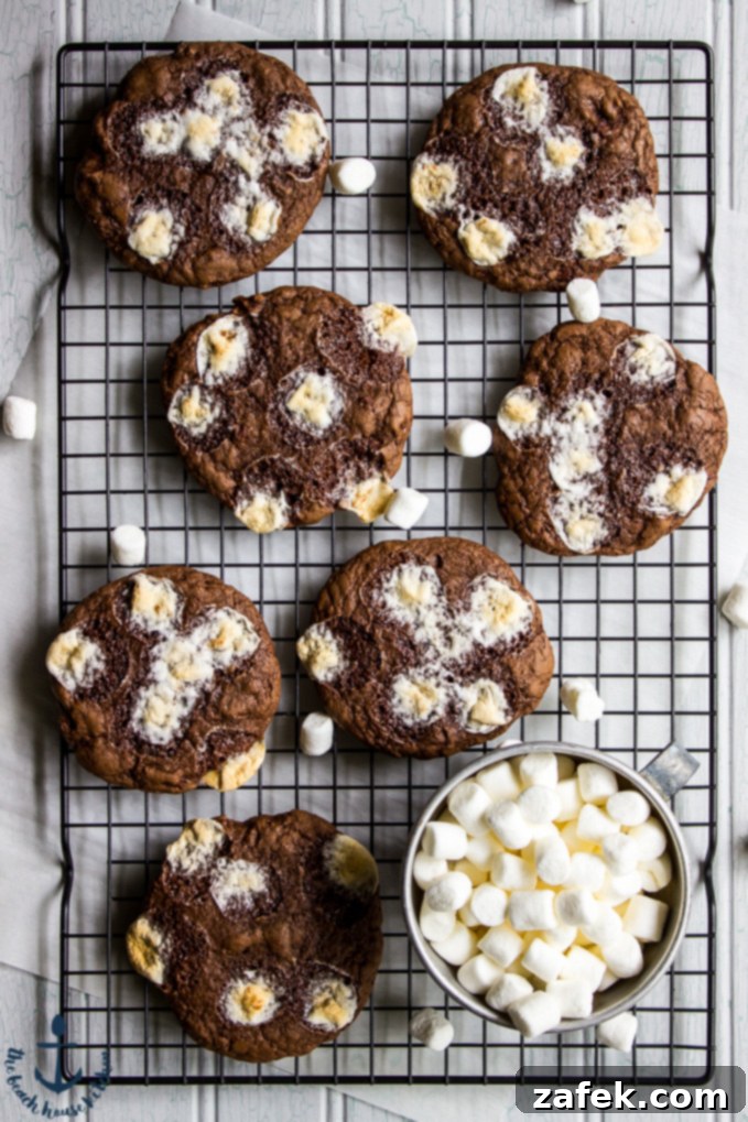 Hot Chocolate Marshmallow Cookies on baking rack with a silver cup filled with mini marshmallows.