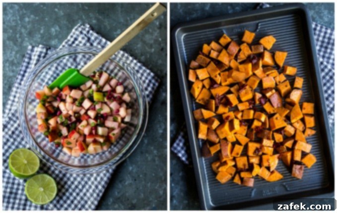 Honeycrisp Apple Pomegranate Salsa and Roasted Vegetables A vibrant Honeycrisp Apple and Pomegranate Salsa in a glass bowl on the left, next to golden-brown chunks of baked butternut squash on a baking sheet, illustrating fresh ingredients.