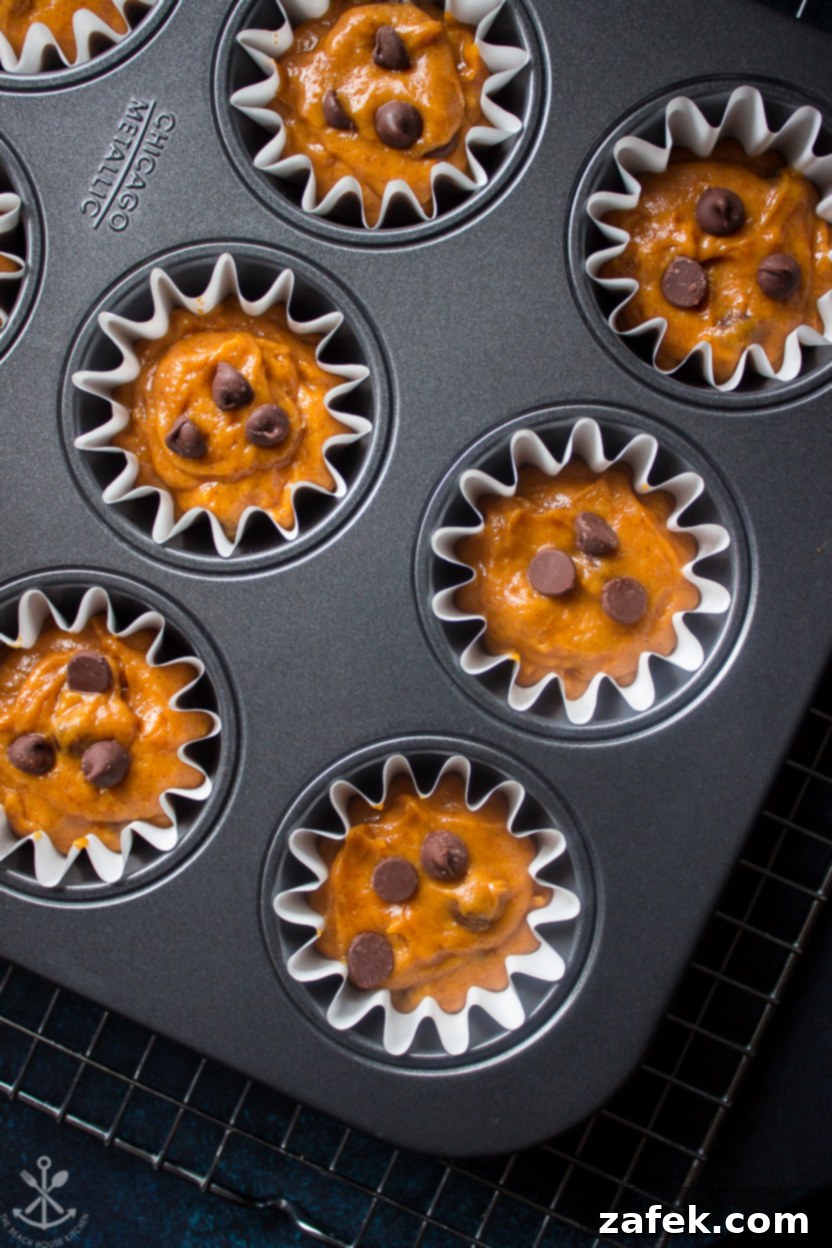 Overhead photo of unbaked Pumpkin Chocolate Chip Muffin batter scooped into a muffin tin, topped with extra chocolate chips