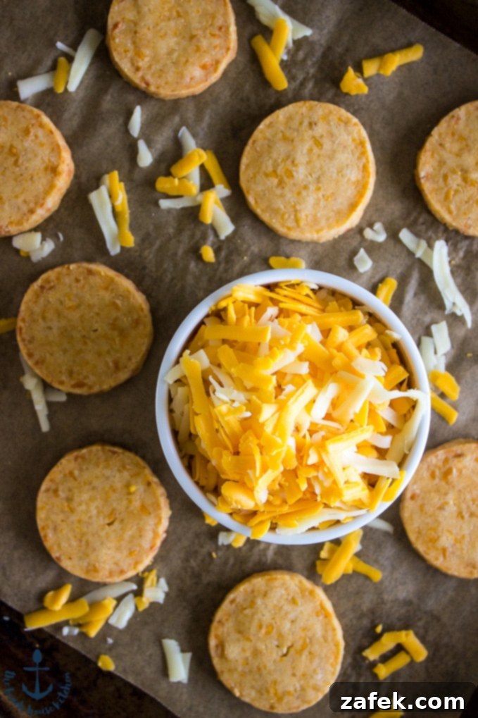 An inviting overhead photo showcasing a generous scattering of freshly baked Cheddar Cheese Coins on a baking sheet layered with parchment paper. A small, elegant white bowl filled to the brim with vibrant, freshly shredded cheddar cheeses sits nearby, emphasizing the rich, dairy goodness at the heart of this recipe.